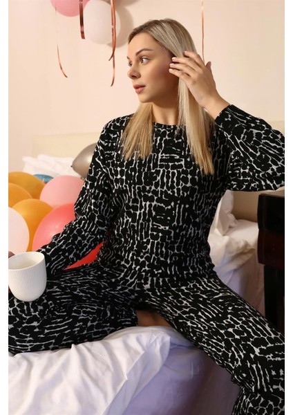 Moda Kadın Uzun Kol 3 Iplik Penye Pijama Takım Siyah fiyatları