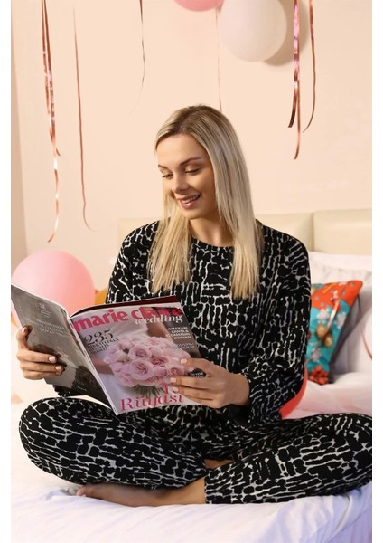 Moda Kadın Uzun Kol 3 Iplik Penye Pijama Takım Siyah indirimleri