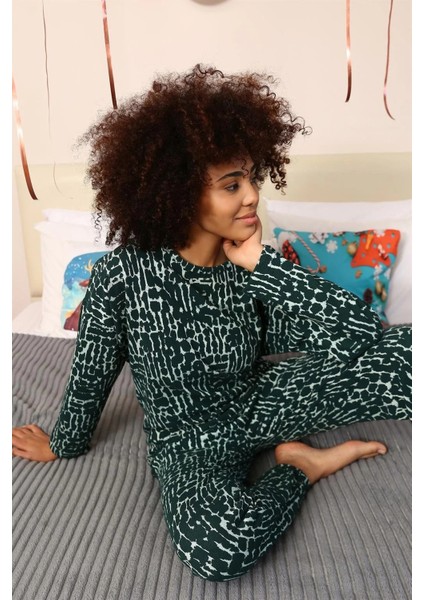Moda Kadın Uzun Kol 3 Iplik Penye Pijama Takım Yeşil fırsatları
