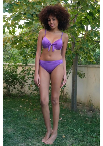 Moda Kadın Destekli Fiyonklu Alt Üst Mor Bikini Takım