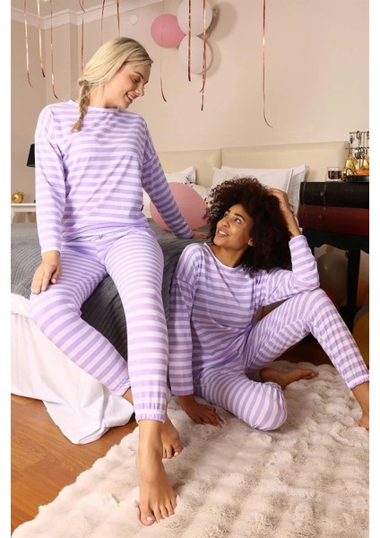 Moda Kadın Uzun Kol Penye Pijama Takım Lila modelleri