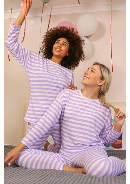 Moda Kadın Uzun Kol Penye Pijama Takım Lila indirimleri