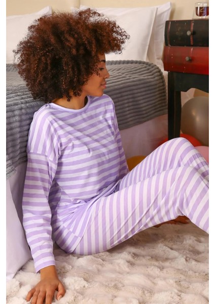 Moda Kadın Uzun Kol Penye Pijama Takım Lila