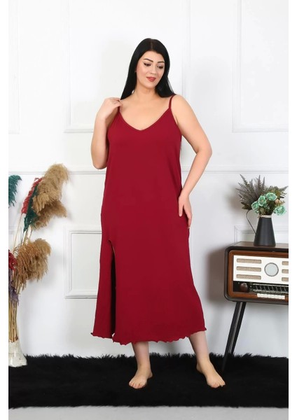 Moda Kadın Büyük Beden Ip Askılı Pamuklu Bordo Uzun Gecelik