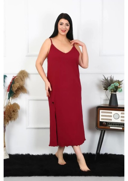 Moda Kadın Büyük Beden Ip Askılı Pamuklu Bordo Uzun Gecelik fırsatları