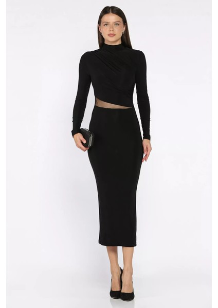 Kadın Omuz ve Bel Drapeli Tül Detaylı Likralı Elbise P-00018078