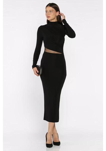 Kadın Omuz ve Bel Drapeli Tül Detaylı Likralı Elbise P-00018078 fiyatları