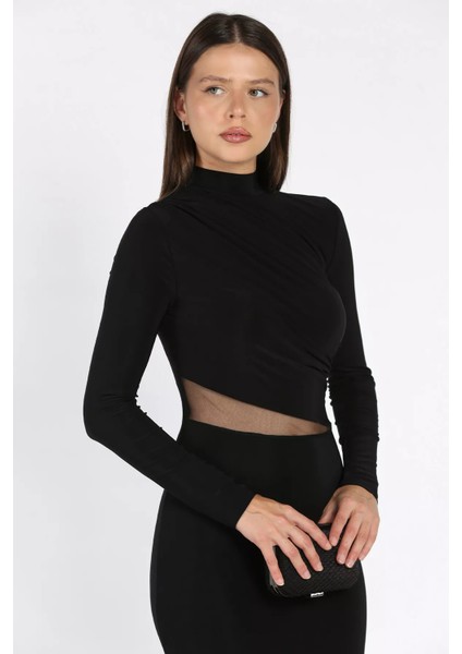 Kadın Omuz ve Bel Drapeli Tül Detaylı Likralı Elbise P-00018078 fırsatları