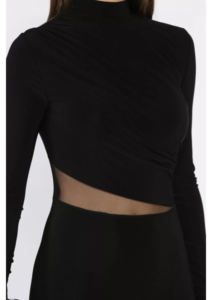 Kadın Omuz ve Bel Drapeli Tül Detaylı Likralı Elbise P-00018078 indirimleri