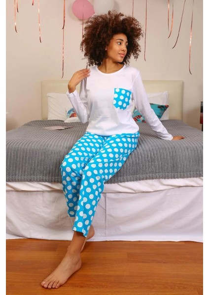 Moda Kadın Uzun Kol Penye Pijama Takım Beyaz