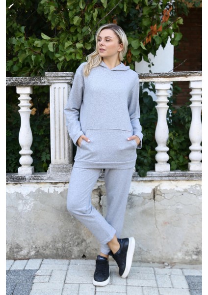 Moda Kadın Pamuk Kapşonlu Cepli 3 Iplik Gri Eşofman Takım