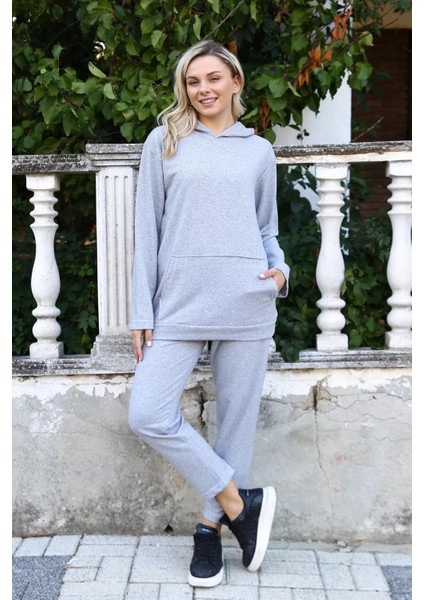 Moda Kadın Pamuk Kapşonlu Cepli 3 Iplik Gri Eşofman Takım modelleri