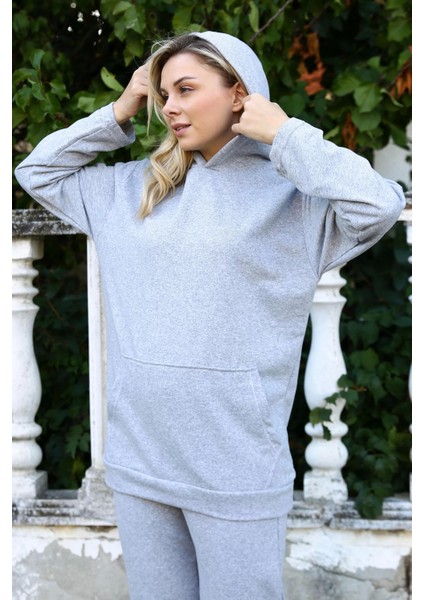 Moda Kadın Pamuk Kapşonlu Cepli 3 Iplik Gri Eşofman Takım fırsatları