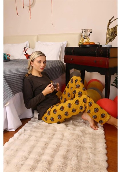 Moda Kadın Uzun Kol Penye Pijama Takım Kahve fiyatları