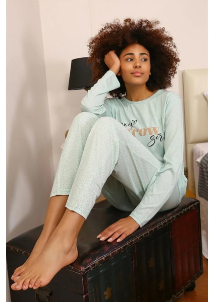 Moda Kadın Penye Uzun Kol Pijama Takım Su Yeşili modelleri