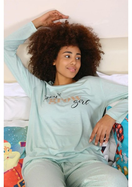 Moda Kadın Penye Uzun Kol Pijama Takım Su Yeşili indirimleri