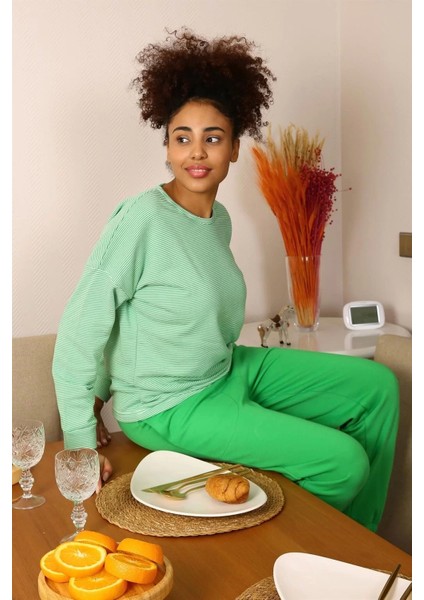 Moda Kadın Uzun Kol 3 Iplik Penye Pijama Takım Yeşil indirimleri
