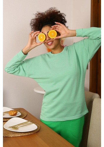 Moda Kadın Uzun Kol 3 Iplik Penye Pijama Takım Yeşil