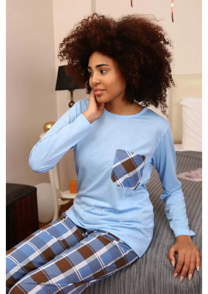 Moda Kadın Uzun Kol Penye Pijama Takım Mavi modelleri