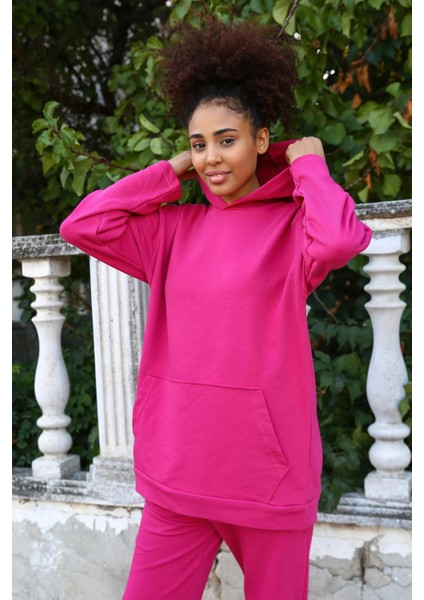 Moda Kadın Pamuk Kapşonlu Cepli 3 Iplik Fuşya Eşofman Takım modelleri
