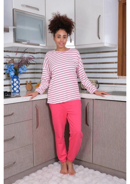 Moda Kadın Uzun Kol 3 Iplik Penye Pijama Takım Beyaz