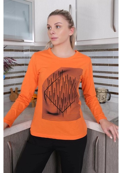 Moda Kadın Uzun Kol Penye Pijama Takım Turuncu