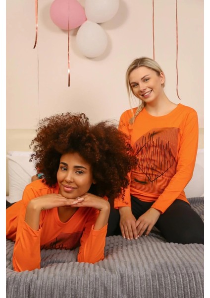 Moda Kadın Uzun Kol Penye Pijama Takım Turuncu indirimleri