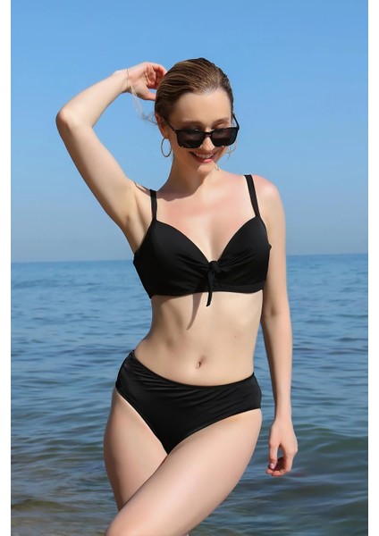 Moda Kadın Içi Boş Fiyonklu Kaplı Siyah Alt Üst Bikini Takım