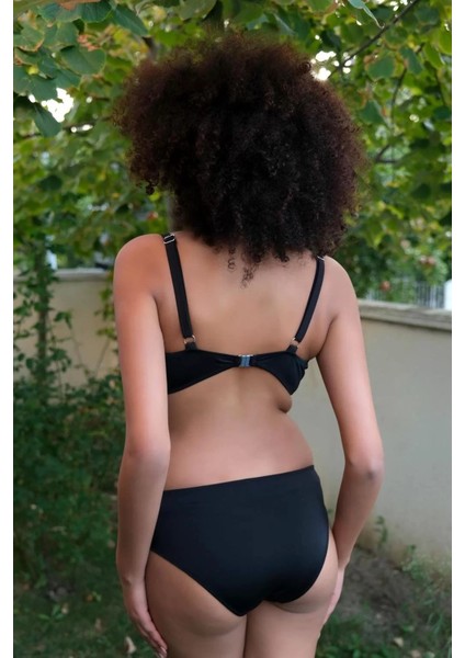 Moda Kadın Içi Boş Fiyonklu Kaplı Siyah Alt Üst Bikini Takım