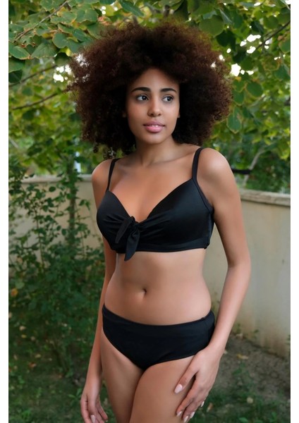 Moda Kadın Içi Boş Fiyonklu Kaplı Siyah Alt Üst Bikini Takım
