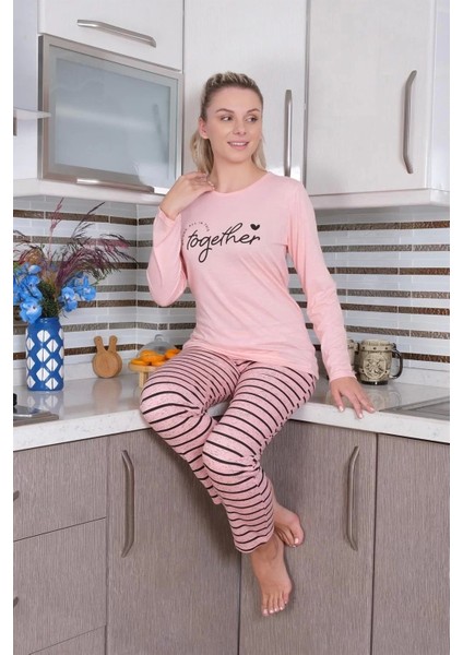 Moda Kadın Penye Uzun Kol Pijama Takım Pembe modelleri