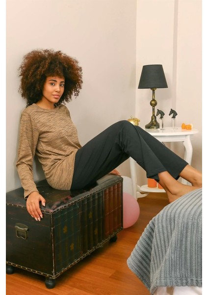 Moda Kadın Uzun Kol Penye Pijama Takım Sütlü Kahve