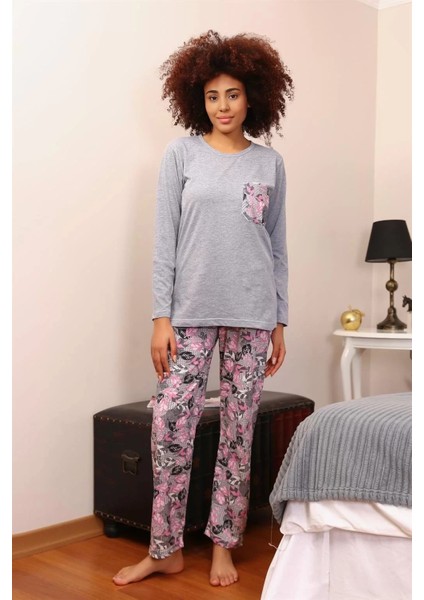 Moda Kadın Uzun Kol Penye Pijama Takım Gri modelleri