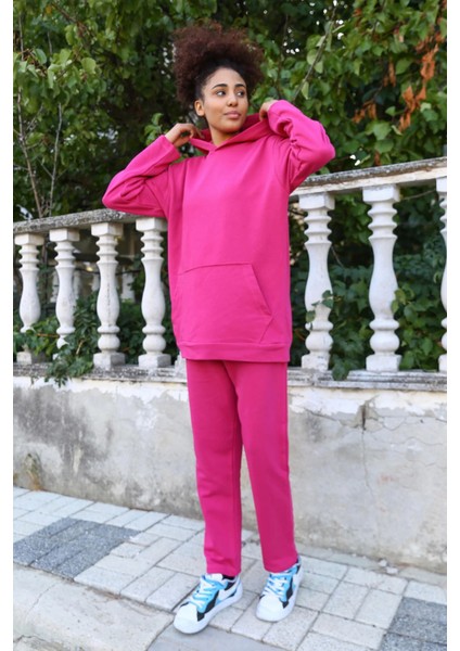 Moda Kadın Pamuk Kapşonlu Cepli 3 Iplik Fuşya Eşofman Takım indirimleri