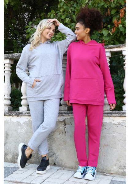 Moda Kadın Pamuk Kapşonlu Cepli 3 Iplik Fuşya Eşofman Takım