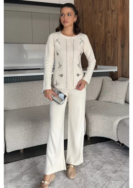 Kadın Taşlı Triko Hırka Pantolon Ikili Takım P-00018046