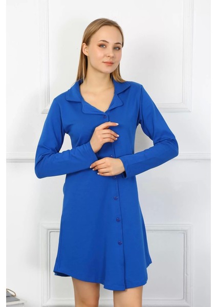 Moda Kadın Penye Uzun Kol Düğmeli Saks Tunik Gecelik