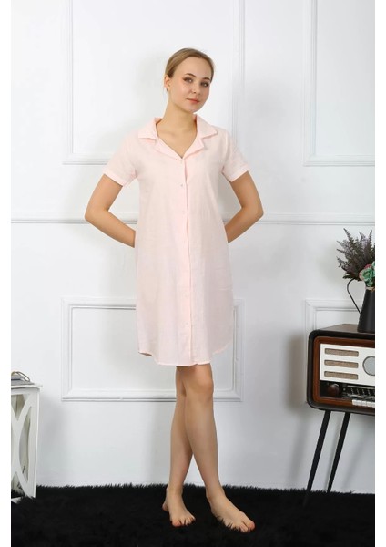 Moda Kadın Pamuk Keten Kısa Kol Düğmeli Pudra Tunik Gecelik
