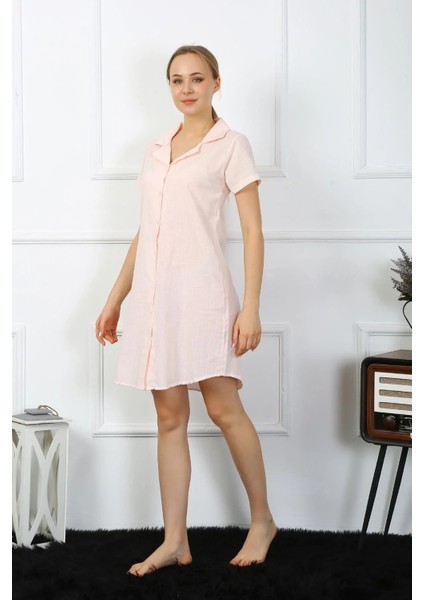 Moda Kadın Pamuk Keten Kısa Kol Düğmeli Pudra Tunik Gecelik fiyatları