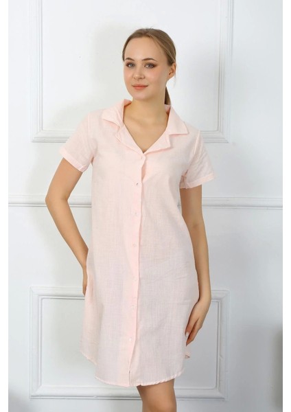 Moda Kadın Pamuk Keten Kısa Kol Düğmeli Pudra Tunik Gecelik fırsatları