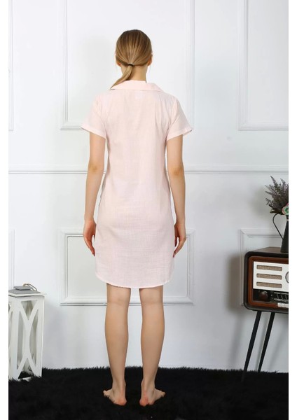 Moda Kadın Pamuk Keten Kısa Kol Düğmeli Pudra Tunik Gecelik indirimleri