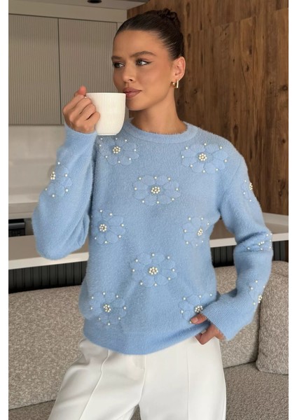 Kadın Çiçek Baskılı Taşlı Sakallı Triko Kazak (S-M-L Beden Uyumludur.) P-00018050