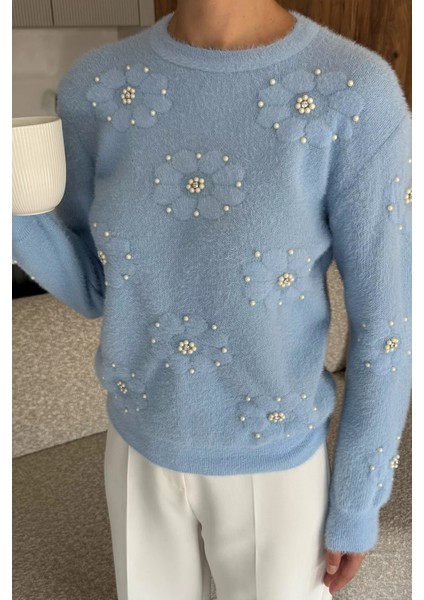 Kadın Çiçek Baskılı Taşlı Sakallı Triko Kazak (S-M-L Beden Uyumludur.) P-00018050 fiyatları