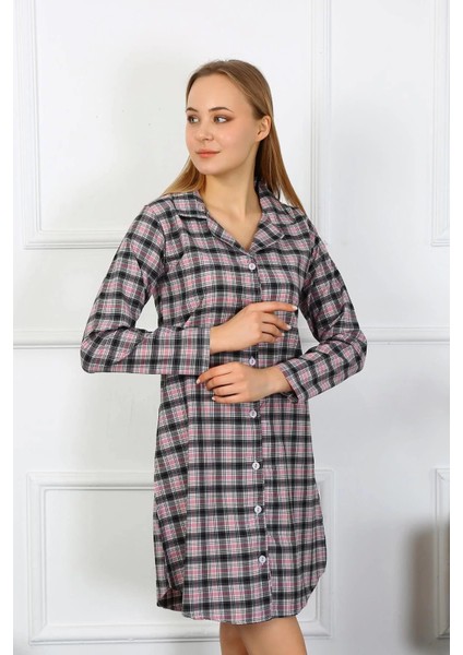 Moda Kadın Penye Uzun Kol Düğmeli Siyah Tunik Gecelik