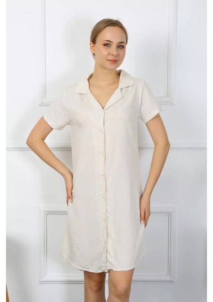 Moda Kadın Pamuk Keten Kısa Kol Düğmeli Krem Tunik Gecelik