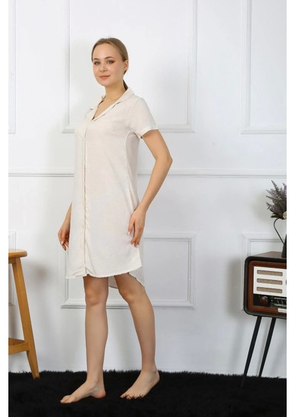 Moda Kadın Pamuk Keten Kısa Kol Düğmeli Krem Tunik Gecelik fırsatları
