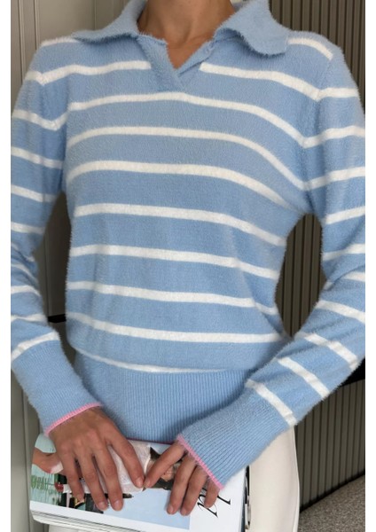 Kadın Polo Yaka Çizgi Desenli Sakallı Triko Kazak (S-M-L-Xl Beden Uyumludur.) P-00018051 fiyatları
