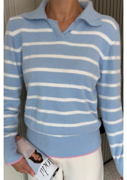 Kadın Polo Yaka Çizgi Desenli Sakallı Triko Kazak (S-M-L-Xl Beden Uyumludur.) P-00018051 modelleri