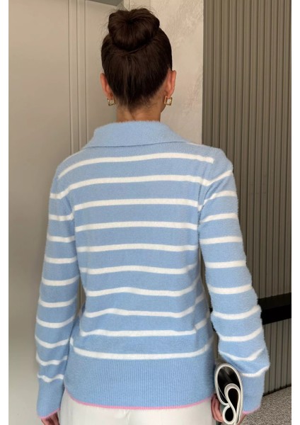 Kadın Polo Yaka Çizgi Desenli Sakallı Triko Kazak (S-M-L-Xl Beden Uyumludur.) P-00018051 fırsatları