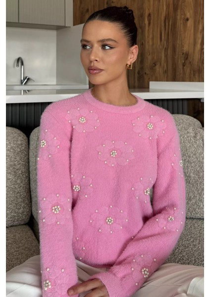 Kadın Çiçek Baskılı Taşlı Sakallı Triko Kazak (S-M-L Beden Uyumludur.) P-00018050